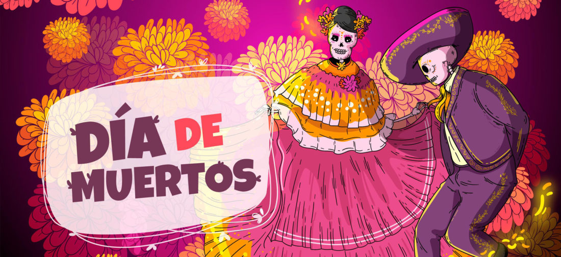 Day of the Dead cartoon with two skeletons dancing