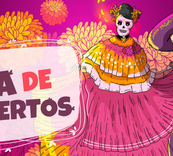 Day of the Dead cartoon with two skeletons dancing